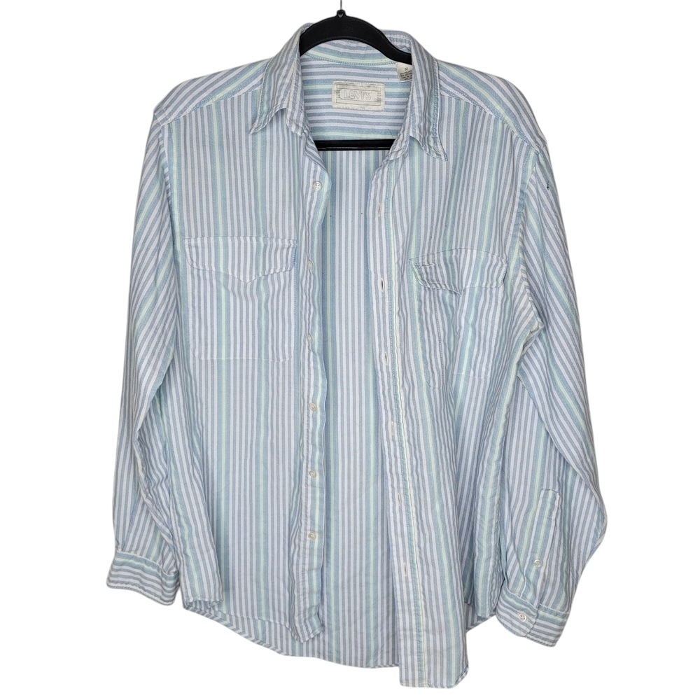 Vintage 80s Levis Pinstriped Button Down Shirt in Blue Green White Size Medium